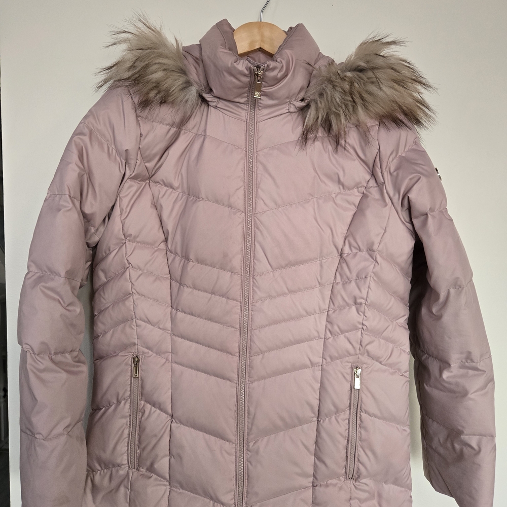 Calvin Klein Blush Puffer Jacket with Faux Fur